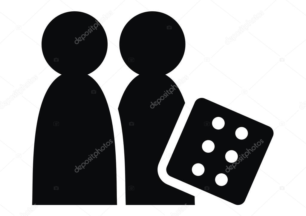 Board game figures and dice in black and white design, vector icon