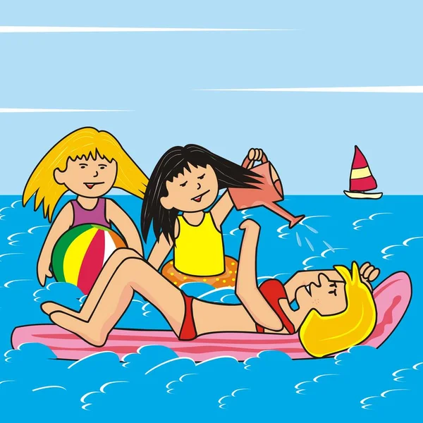 Vacances Famille Deux Filles Une Mère Eau Illustration Vectorielle — Image vectorielle