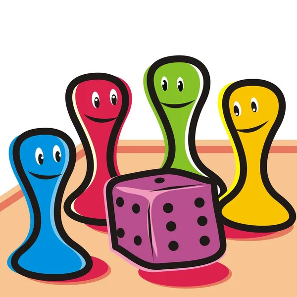 Ζάρια Και Τέσσερα Ειδώλια Παιχνίδι Χιουμοριστικό Χρώμα Διανυσματική Απεικόνιση — Διανυσματικό Αρχείο