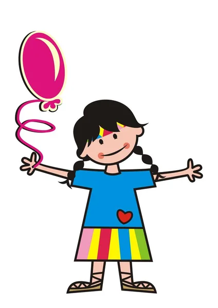 Mädchen Mit Lila Luftballon Lustige Vektor Illustration Lächelndes Kind Hält — Stockvektor