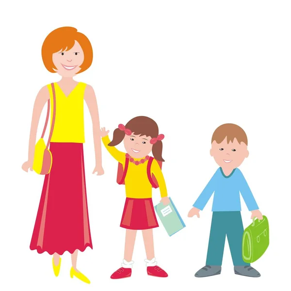 Mother Daughter Son School Vector Illustration First Day School Vector — Stock Vector