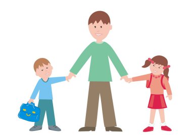 Baba, oğul ve okul çantalı kız. Okuldaki ilk gün, vektör illüstrasyonu.