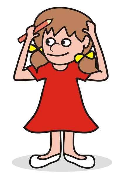 Mädchen Mit Buntstift Rotem Kleid Humorvoller Vektorillustration — Stockvektor