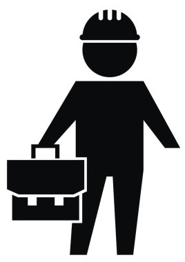 Çantası ve kaskı olan işçi, siyah vektör simgesi