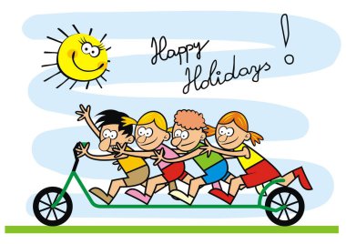 Motosikletli mutlu çocuklar, komik vektör çizimleri. Bir grup genç kız ve erkek scooter 'a biniyor. Üzerinde yazı olan komik kartpostal..