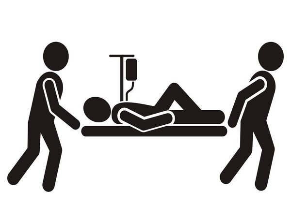 Medics carry a stretcher with the patient with infusion. Black silhouette, vector icon.