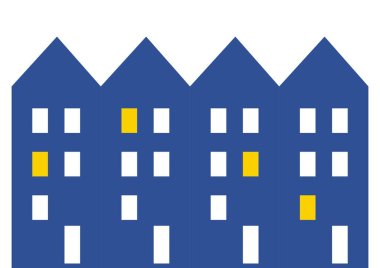 Beyaz ve sarı pencereli mavi evler, sırada, vektör simgesi