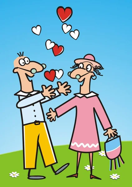 Dia Dos Namorados Homem Velho Mulher Com Corações Vermelhos Ilustração —  Vetores de Stock