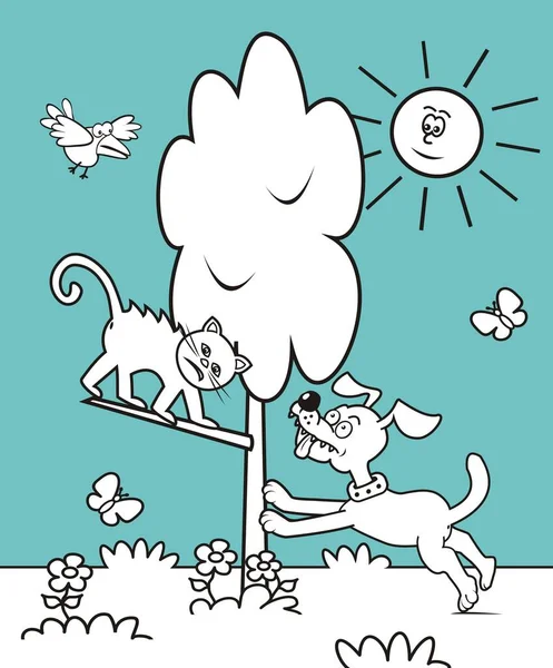 Grupo Animais Cão Gato Pássaro Borboleta Jardim Livro Colorir Para —  Vetores de Stock