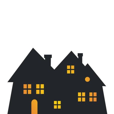 bir grup ev, ön manzara, gece sahnesi, siyah ve sarı vektör simgesi, beyaz arkaplan