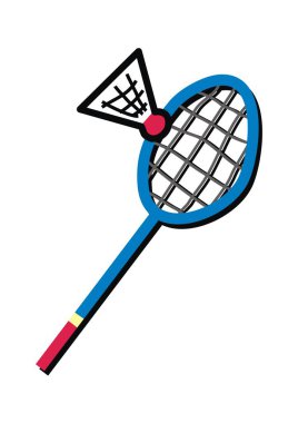 Badminton raketi ve servis horozu, izole edilmiş, beyaz arkaplanda renkli resim