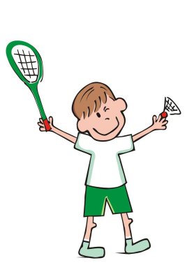 Erkek ve badminton, komik vektör çizimi