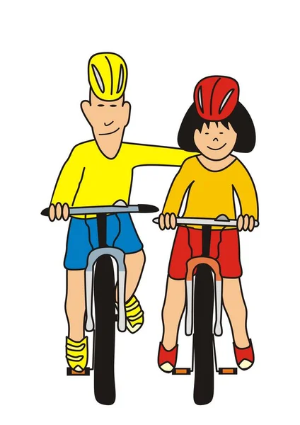 Dos Ciclistas Ilustración Conceptual Vectorial Padre Hija — Vector de stock