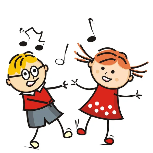 在背景音乐笔记中唱歌跳舞的男孩和女孩 — 图库矢量图片