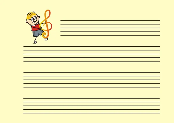 Portátil Música Con Niño Que Lleva Una Clave Agudos Ilustración — Vector de stock