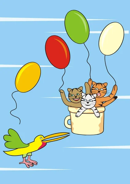 Vogel Und Drei Fliegende Katzen Ballonfahren Vektorillustration — Stockvektor