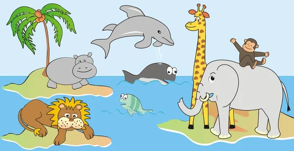 Adadaki Deniz Yaşamındaki Bir Grup Hayvan Komik Vektör Çizimi — Stok Vektör