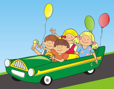Yeşil arabada balonlu ve dondurmalı dört çocuk, komik vektör çizimi.