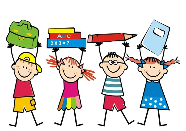 Quatro Crianças Sorridentes Com Equipamentos Escolares Saco Escolar Livros Creiom — Vetor de Stock