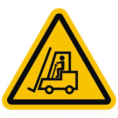 Forklift, endüstriyel uyarı işareti, sarı üçgen şekil, vektör simgesi