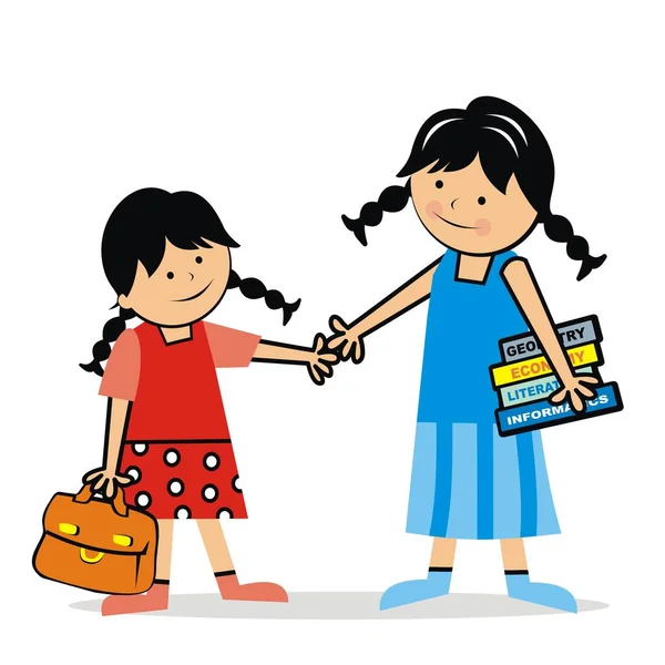 Zwei Mädchen Mit Schultasche Und Büchern Niedliche Vektorillustration — Stockvektor