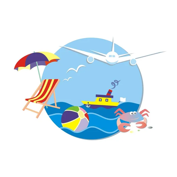 Vacances Été Bannière Avion Bateau Chaise Longue Parasol Avec Balle — Image vectorielle