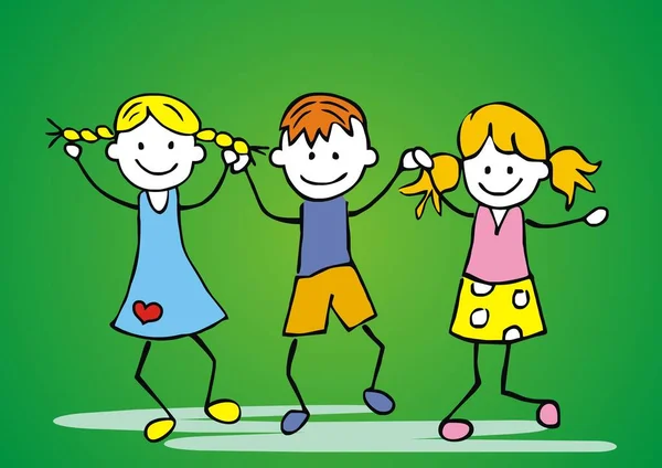 Három Boldog Gyerek Fiúk Lányok Vicces Vektor Illusztráció Egy Csapat — Stock Vector