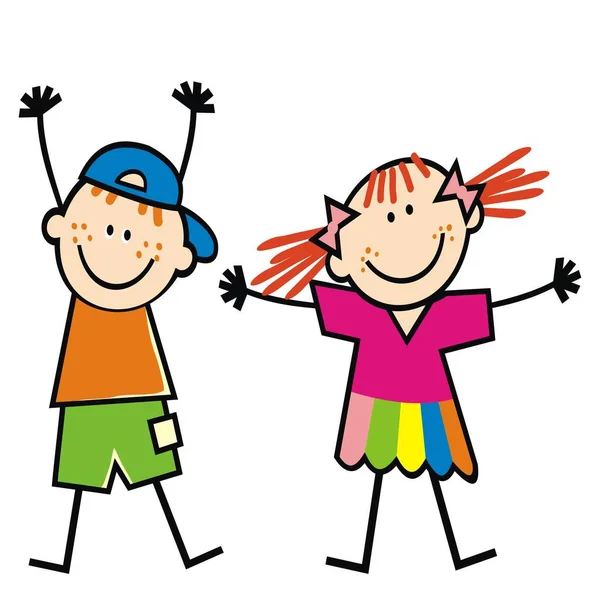 Två Glada Barn Liten Flicka Och Pojke Rolig Vektor Illustration — Stock vektor