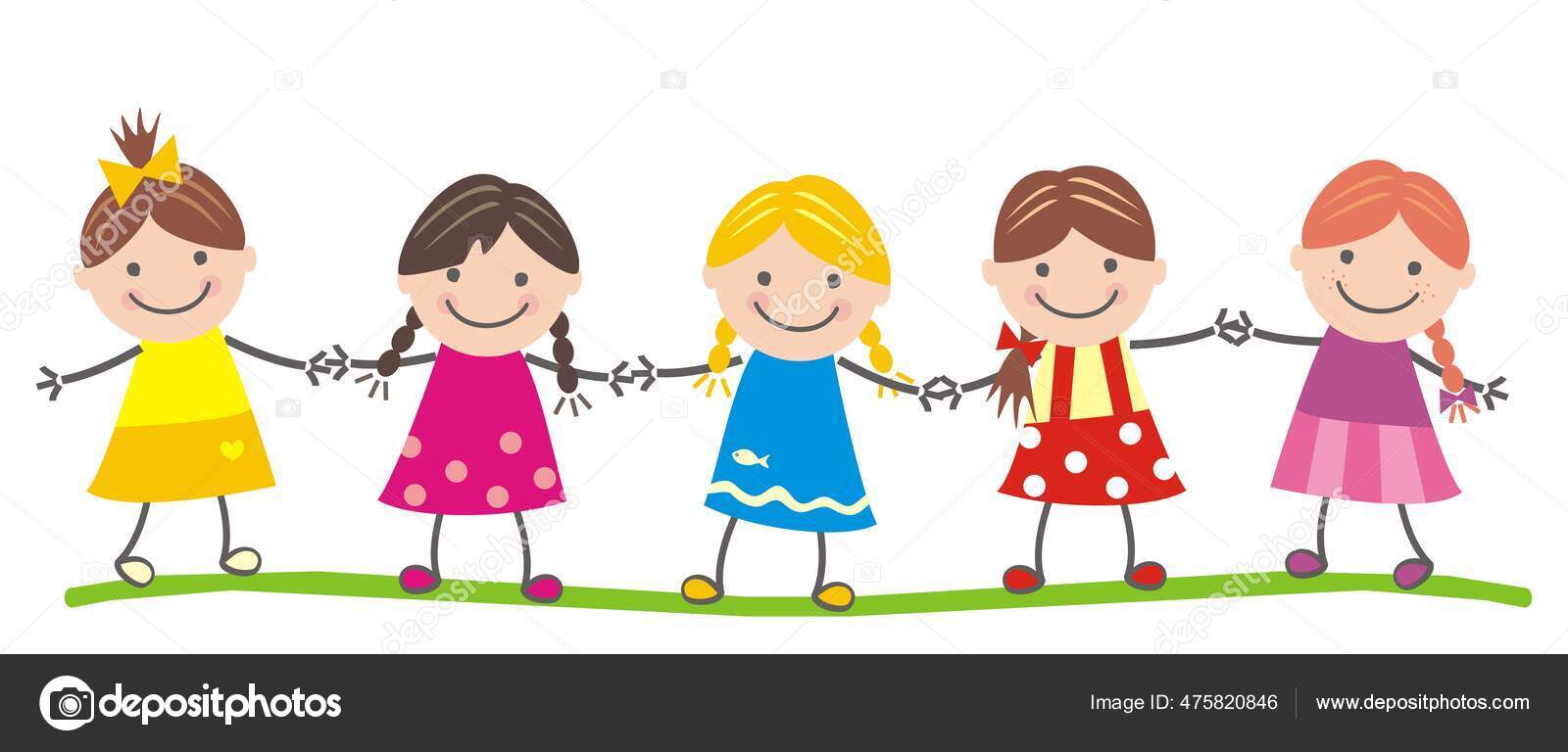 Cinq Filles Tiennent Main Illustration Vectorielle Mignonne Stock cinq-filles-tiennent-main-illustration-vectorielle-mignonne-stock