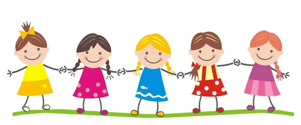 Five Girls Hold Hands Cute Vector Illustration — Stock Vector