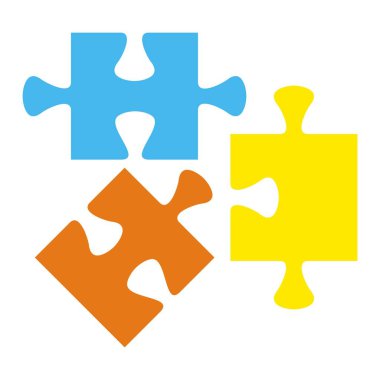 Bulmaca, üç farklı elementin parçası, sarı, turuncu ve mavi renkler, vektör simgesi