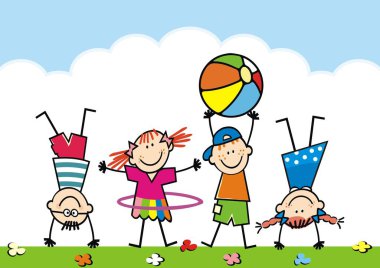 Çocuk parkında dört spor çocuğu, plaj topu ve hulahop 'u olan küçük kızlar ve oğlanlar, beyaz arka planda komik vektör çizimi.