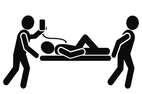 Medics carry a stretcher with the patient and infusion. Black silhouette, vector icon.