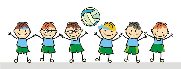 Volei Echipa Sportivă Șase Copii Fericiți Minge Băieți Ilustrație Vectorială — Vector de stoc