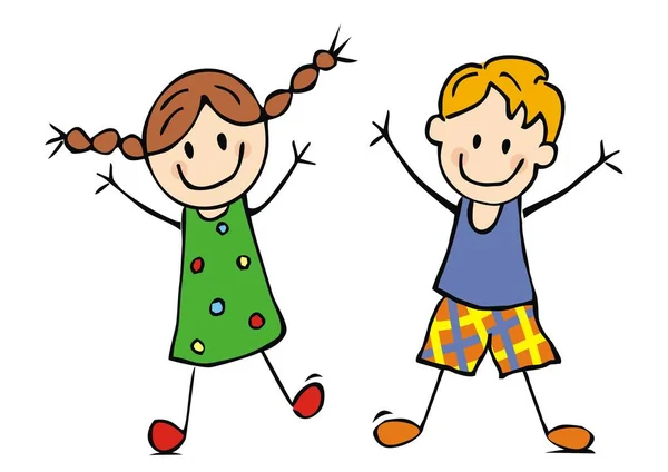 Doi Copii Fericiți Fetiță Băiat Ilustrație Vectorială Amuzantă Fundal Alb — Vector de stoc