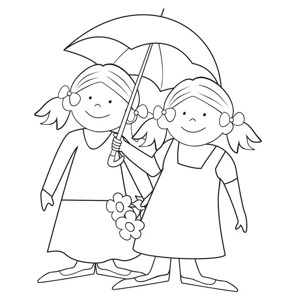 Happy Kids Girls Umbrella Coloring Book Vector Illustration —  Vetores de Stock