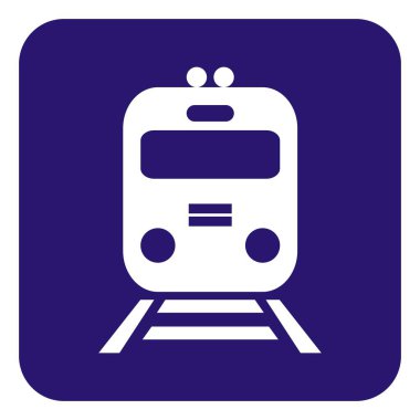 Tren platformu, mavi arkaplanda beyaz lokomotif silueti, vektör simgesi