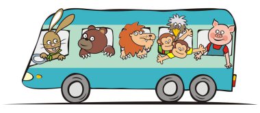 Group of happy animals at blue bus, vector funny illustration. Hare, bear, lion, monkeys, ostrich and pig go by bus for a trip.