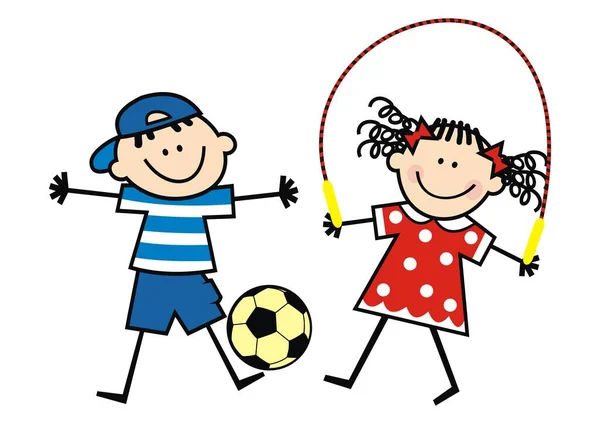 Niño Con Bola Chica Con Cuerda Salto Dos Niños Pequeños — Vector de stock