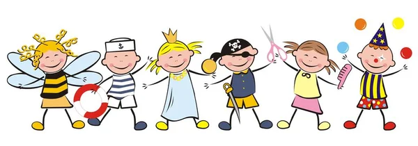 Seis Niños Felices Carnaval Abeja Marinero Princesa Pirata Estilista Payaso — Vector de stock