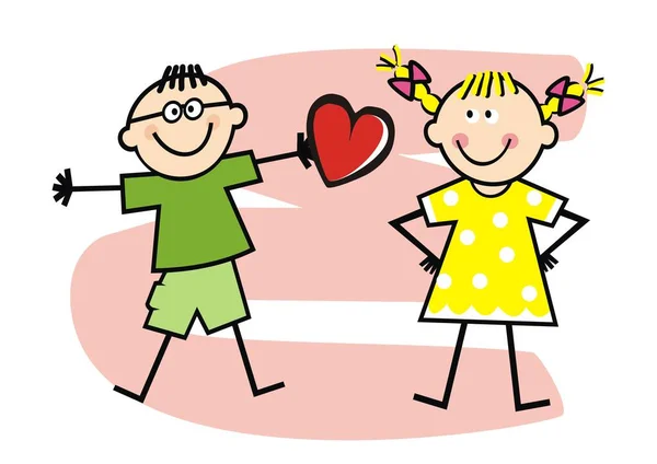 Днем Святого Валентина Юмористическая Векторная Иллюстрация Мальчик Девочка Сердцем Розовый — стоковый вектор