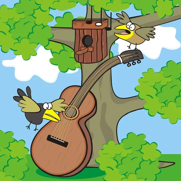 Κιθάρες Και Πουλιά Δέντρο Σπίτι Πουλιών Διανυσματική Απεικόνιση — Διανυσματικό Αρχείο