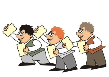 Üç adam broşür dağıtıyor, kavramsal vektör çizimi.