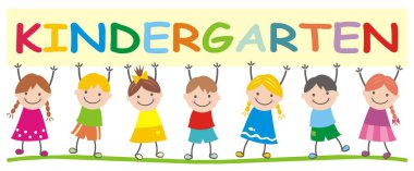 Anaokulu, sancaklı yedi mutlu çocuk, vektör illüstrasyonu