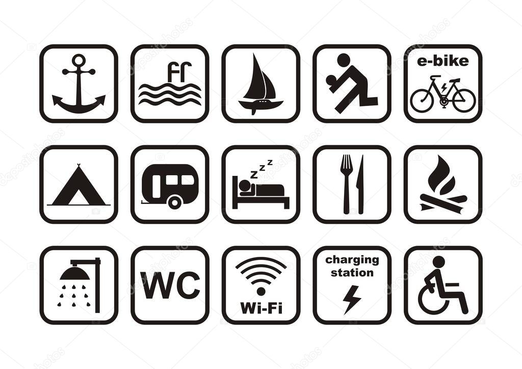 camping, tourist resort, set icon, isolated vector symbols, black silhouette on white background