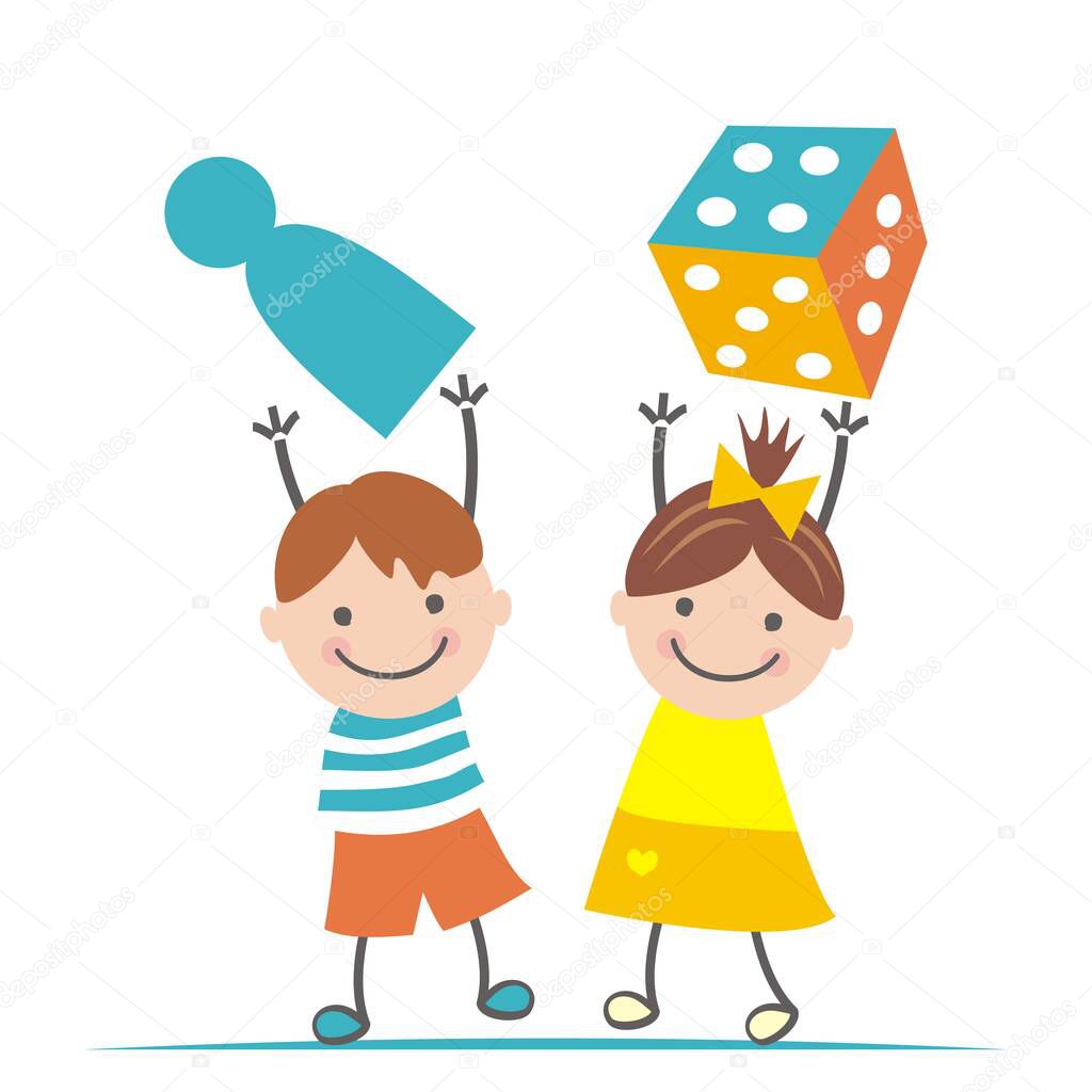 Girl and boy with figurine and dice, color vector illustration on white background