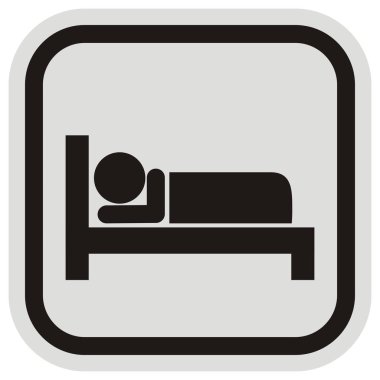 Kalacak yer, otel ikonu, gri arka planda siyah resim, gri ve siyah çerçeve, vektör, yatakta kişi 
