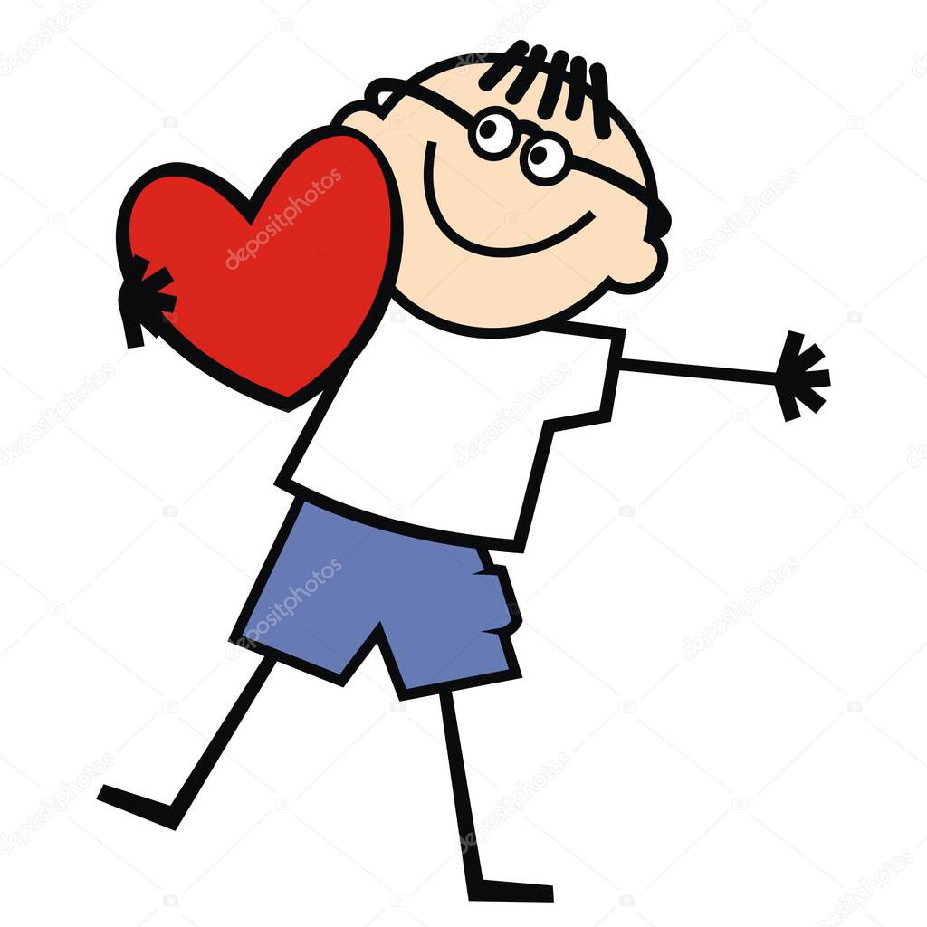 Boy with red heart, humorous vector illustration