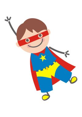 Uçan kahraman, karnaval maskeli çocuk, şirin vektör çizimi.