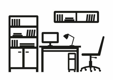 Ofis mobilyaları, set ekipmanları, dolaplar, raflar, masa, döner ofis sandalyesi, bilgisayar, raf ünitesi, masanın altındaki kap, lamba, vektör, siyah sembol.